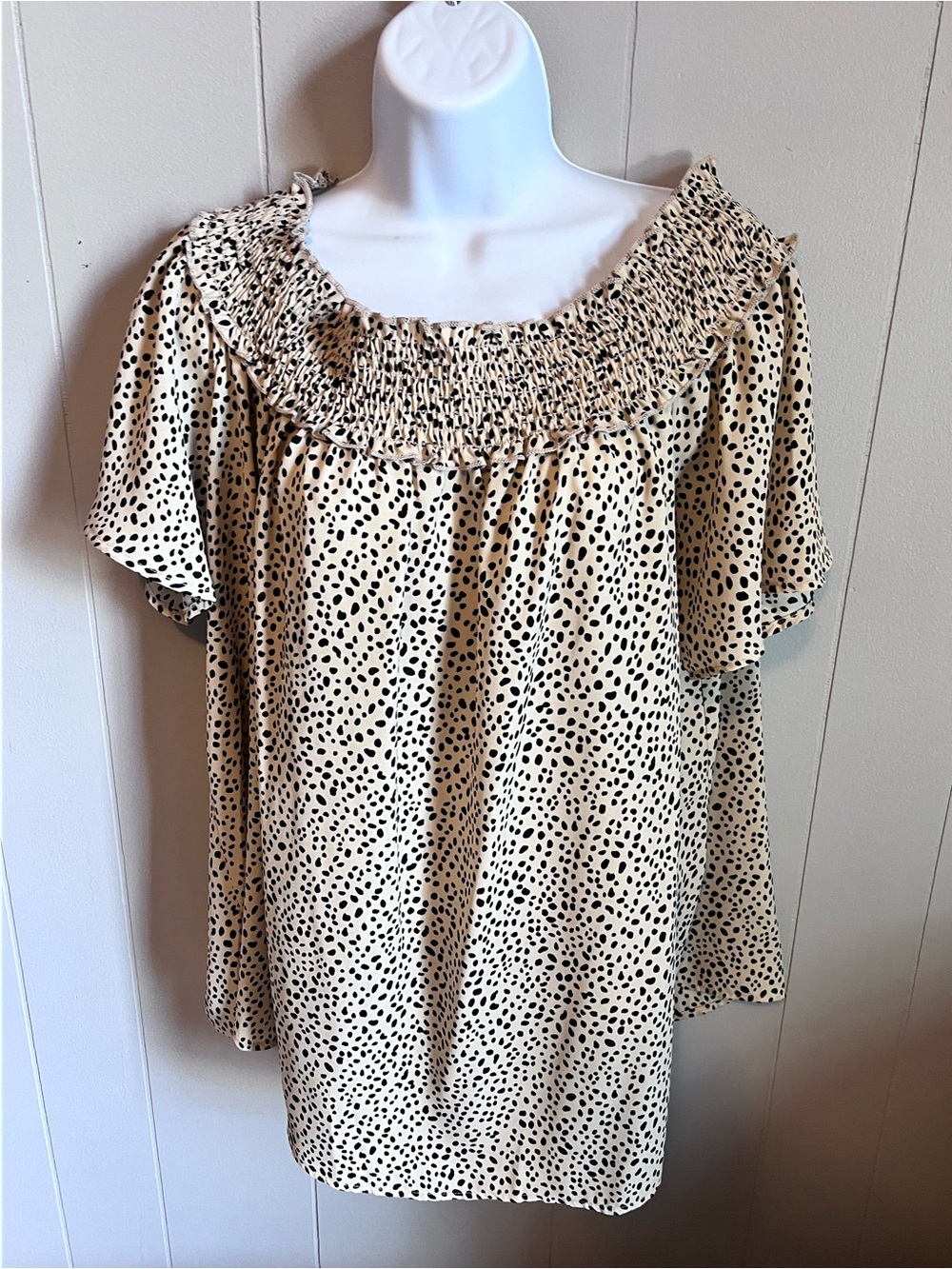 ADORA Cream and Black Smocked Off-Shoulder Dot Blouse